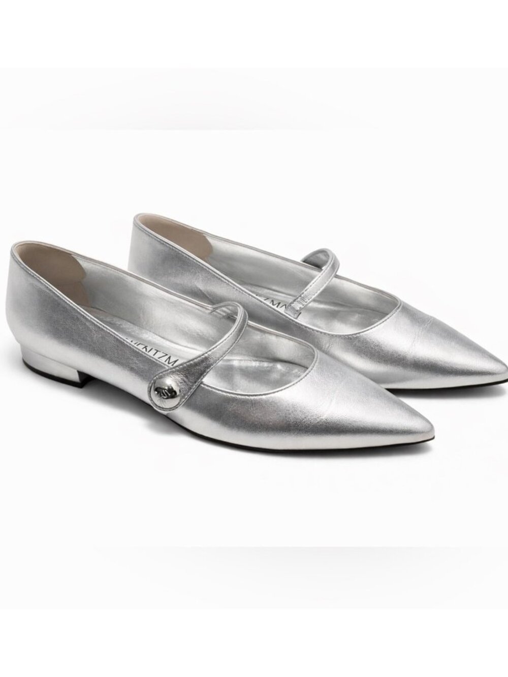 $550 Stuart Weitzman SW LOGO Mary Jane Flat POINTY LEATHER SILVER 10 (DD14)